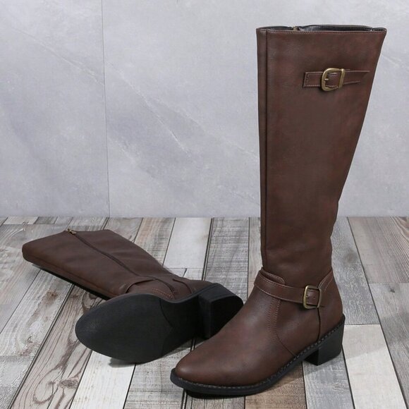 Brown Party Women's High-Cut Heel Riding Boots with Zipper & Pointed Toe - Picture 4 of 5
